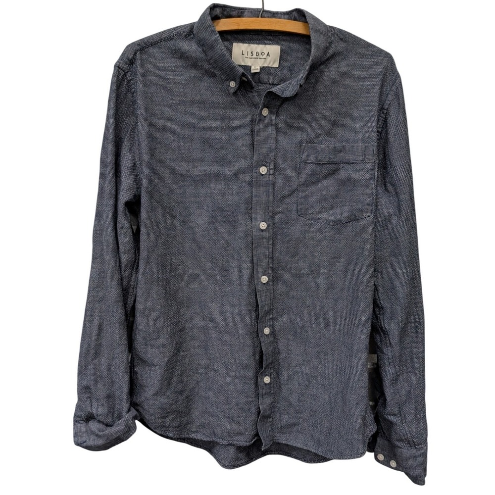 Lisboa Men's Fine Portuguese Shirting Textured Blue Organic Button Down Shirt- L